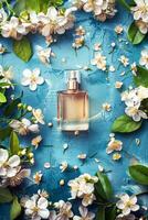 AI generated Elegant Perfume Bottle Surrounded by Fresh Spring Flowers on Pale Blue Background photo