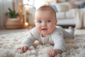ai generado adorable bebé gateando en un suave blanco alfombra en un acogedor vivo habitación ajuste foto