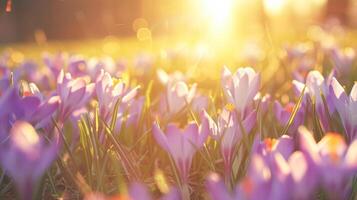 AI generated Purple Crocus Flowers Blooming in a Sunny Spring Field at Dawn photo