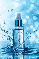 AI generated Transparent Cosmetic Spray Bottle Surrounded by Splashing Water on Blue Background photo