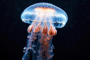 ai generado luminiscente Medusa graciosamente a la deriva en el profundo azul Oceano a crepúsculo foto