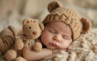 ai generado sonriente bebé con azul ojos siguiente a un marrón osito de peluche oso en un suave cama foto