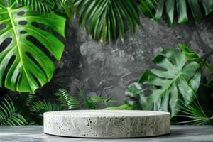 AI generated Modern Display Podium With Lush Tropical Greenery Against Textured Grey Background photo