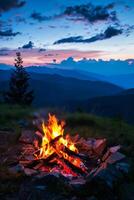 AI generated Tranquil Sunset Campfire Scene in a Dense Pine Forest photo