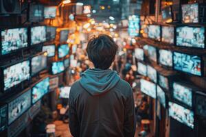 AI generated Man Standing Alone in a Bustling Evening Electronics Market Illuminated by Neon Signs photo