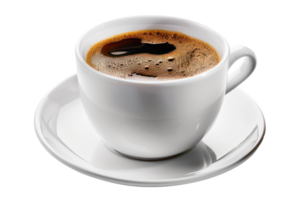 AI generated Steaming espresso coffee in a white ceramic cup with saucer on transparent background - stock png. png