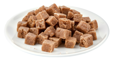 AI generated Natural brown sugar cubes piled on a white plate on transparent background - stock png. png