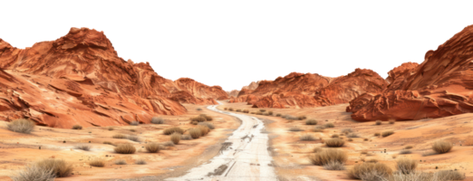 AI generated Red rock formations along a desert road on transparent background - stock png. png