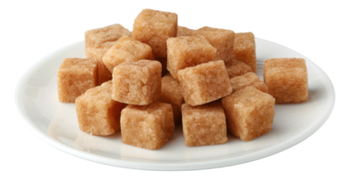 AI generated Natural brown sugar cubes piled on a white plate on transparent background - stock png. png