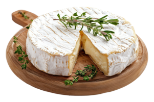 ai generato artigianale formaggio su un' rustico di legno tavola con fresco erbe aromatiche su trasparente sfondo - azione png. png