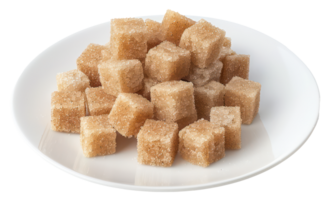 AI generated Natural brown sugar cubes piled on a white plate on transparent background - stock png. png