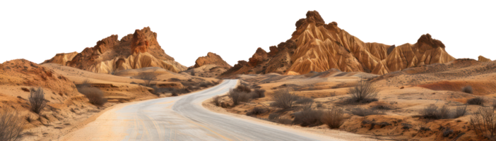 AI generated Desert road winding through arid landscape on transparent background - stock png. png