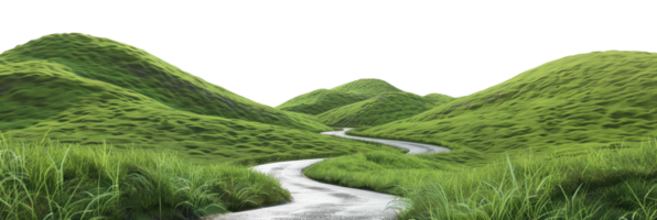 AI generated Winding road through lush green hills on transparent background - stock png. png