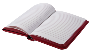 AI generated Red open notebook with lined pages for writing and notes on transparent background - stock png. png