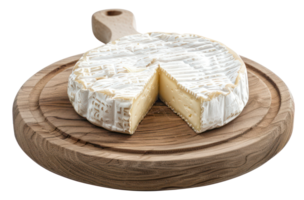 AI generated Whole round cheese on a matching round wooden board on transparent background - stock png. png