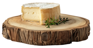 ai generato artigianale formaggio su un' rustico di legno tavola con fresco erbe aromatiche su trasparente sfondo - azione png. png