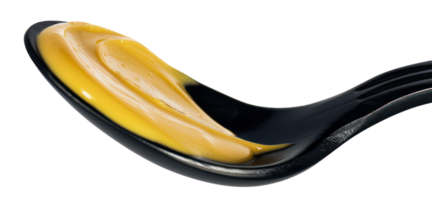 AI generated Golden mayonnaise dripping from a black spoon on transparent background - stock png. png