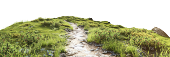 ai généré herbeux colline avec une Naturel chemin et fleurs sauvages sur transparent Contexte - Stock png. png