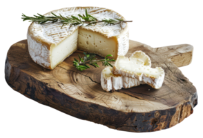 ai généré artisanal fromage sur une rustique en bois planche avec Frais herbes sur transparent Contexte - Stock png. png