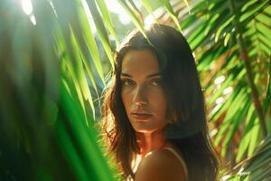 AI generated Serene Woman Peering Through Lush Greenery in Sunlit Natural Setting photo