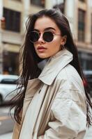 ai generado de moda joven mujer vistiendo Gafas de sol y zanja Saco en un soleado ciudad calle foto