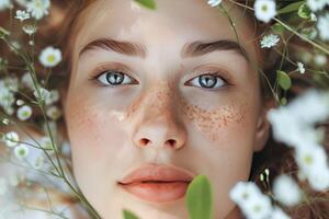 AI generated Close-Up Portrait of a Young Woman With Curly Hair and Striking Eyes photo