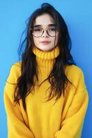 ai generado joven mujer con lentes vistiendo un amarillo suéter tipo con cuello de tortuga en contra un azul antecedentes foto