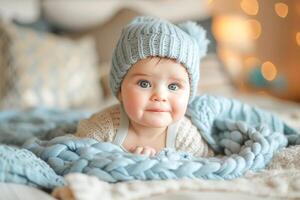 AI generated Beautiful Baby Wrapped in Cozy Knit Blanket Surrounded by White Blossoms photo