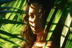 AI generated Serene Woman Peering Through Lush Greenery in Sunlit Natural Setting photo