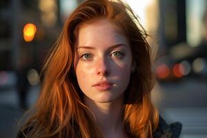 AI generated Young Woman With Red Hair Captured at Golden Hour on a Busy City Street photo