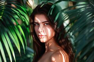 AI generated Serene Woman Peering Through Lush Greenery in Sunlit Natural Setting photo