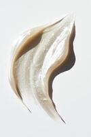 AI generated Swirl of Shimmering Cosmetic Highlighter With Scattered Particles on a White Background photo