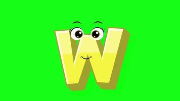 desenho animado estilo carta W 2d animação com verde tela fundo, W alfabeto dançando cartas para pequeno crianças video