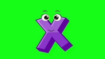 Cartoon style letter x 2d animation with green screen background, x alphabet dancing letters for little kids video