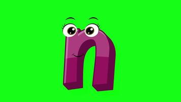 Cartoon style letter n 2d animation with green screen background, n alphabet dancing letters for little kids video