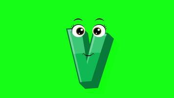 Cartoon style letter v 2d animation with green screen background, v alphabet dancing letters for little kids video