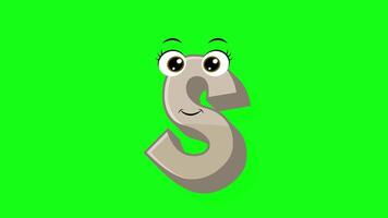 Cartoon style letter s 2d animation with green screen background, s alphabet dancing letters for little kids video