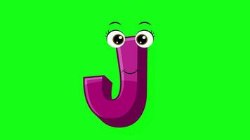 Cartoon style letter j 2d animation with green screen background, j alphabet dancing letters for little kids video