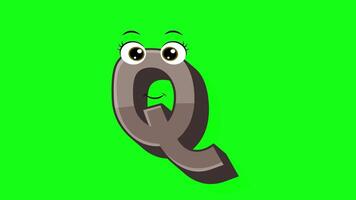 desenho animado estilo carta q 2d animação com verde tela fundo, q alfabeto dançando cartas para pequeno crianças video