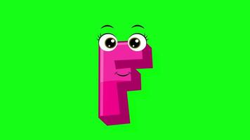 Cartoon style letter f 2d animation with green screen background, f alphabet dancing letters for little kids video