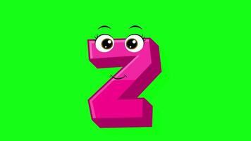 Cartoon style letter z 2d animation with green screen background, z alphabet dancing letters for little kids video