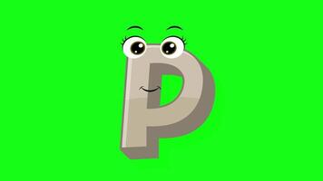 Cartoon style letter p 2d animation with green screen background, p alphabet dancing letters for little kids video