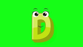 Cartoon style letter d 2d animation with green screen background, d alphabet dancing letters for little kids video