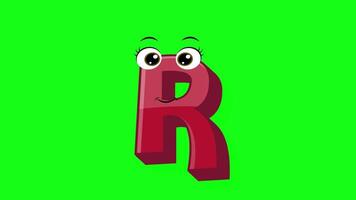 Cartoon style letter r 2d animation with green screen background, r alphabet dancing letters for little kids video