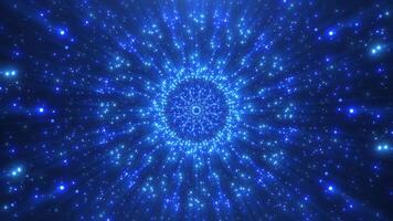 Abstract colorful background with bright glowing flying particles creating fractal patterns, a particle tunnel or a magic sphere. Science fiction background video