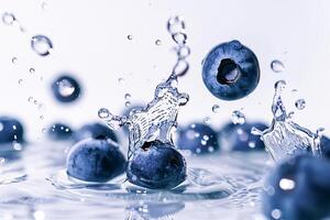AI generated Fresh Blueberries Splashing Into Crystal Clear Water Against a White Background photo