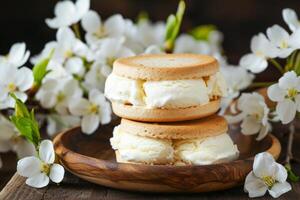 AI generated Vanilla Ice Cream Sandwiches With Sugary Cookies on a Wooden Plate Amidst Blossoming Branches photo