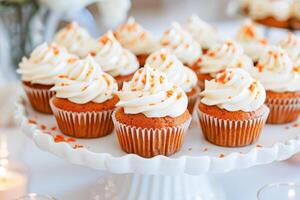 AI generated Elegant Carrot Cupcakes Topped With Cream Cheese Frosting on a Ceramic Stand photo