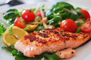 AI generated Grilled Salmon Fillet Served With Fresh Salad and Lemon on a Plate photo