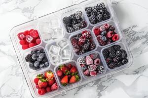 AI generated Assorted Fresh Berries Organized Neatly in a Transparent Container on a Marble Surface photo